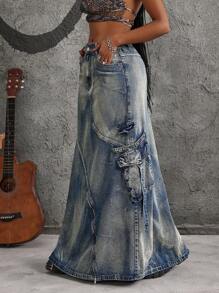 Jeanoix 女士时尚水洗复古工装超长牛仔半身裙 - 藍色 - 查看 1