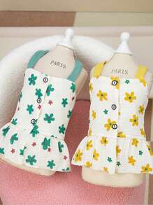 PETSIN 绿色春夏清新优雅花卉图案宠物纽扣连衣裙