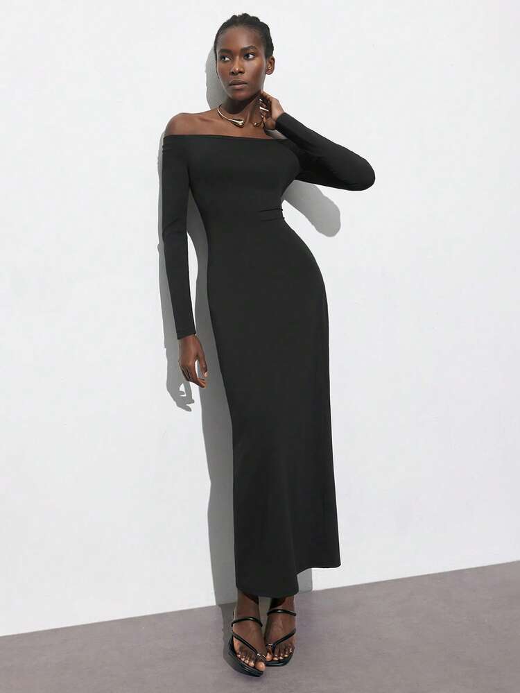 SHEIN Maija New Spring And Summer Black Backless Sexy Metal Decoration Urban Vacation Modern Elegant Romantic Ladies Mid-Length Dress Suitable For Going Out Holiday Party Music Festival Old Money Style