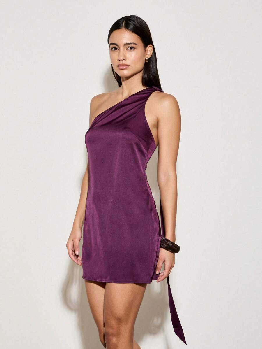 AiiRZ One Shoulder Satin Mini Dress With Side Tie Detail Party Evening Club Night Out Special Occasion Holiday New Year'S Eve Dress - Purple - View 1