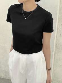 Dazy-Less Solid Crew Neck Crop Tee Summer Preppy Tops Business Casual Woman Work Clothes - Black - View 2