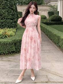DAZY 女士夏季优雅雪纺碎花连衣裙舞会礼服太阳裙，返校服 - 粉色 - 查看 3