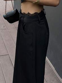 DAZY Loose Casual Contrast Lace Women Black Pants Y2k Fall - Black - View 2