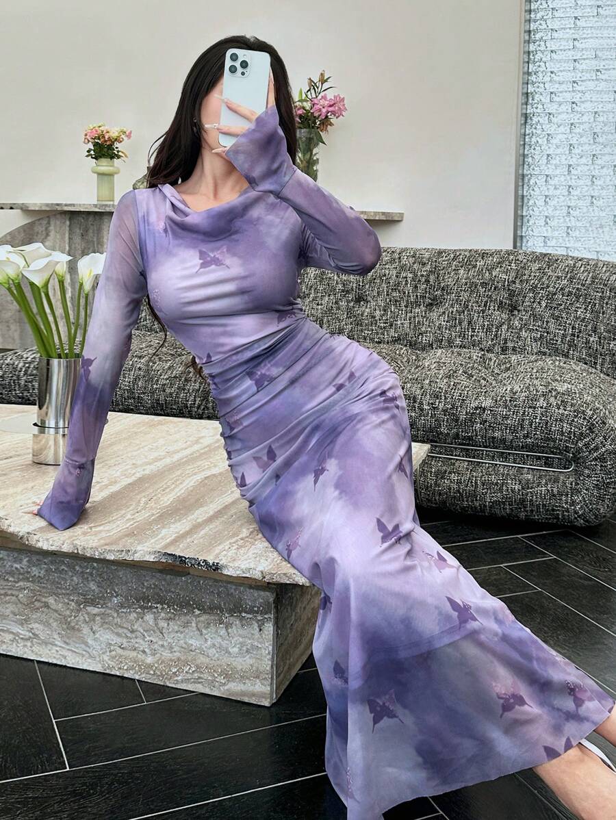 Modelyn Elegant Tie Dye Butterfly Print Long Mesh Dress - Multicolor - View 1