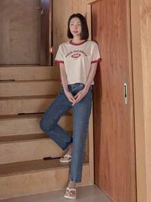 DAZY Áo thun nữ cổ tròn tay ngắn in chữ mùa hè, áo thun họa tiết học sinh - Màu be - Xem 3