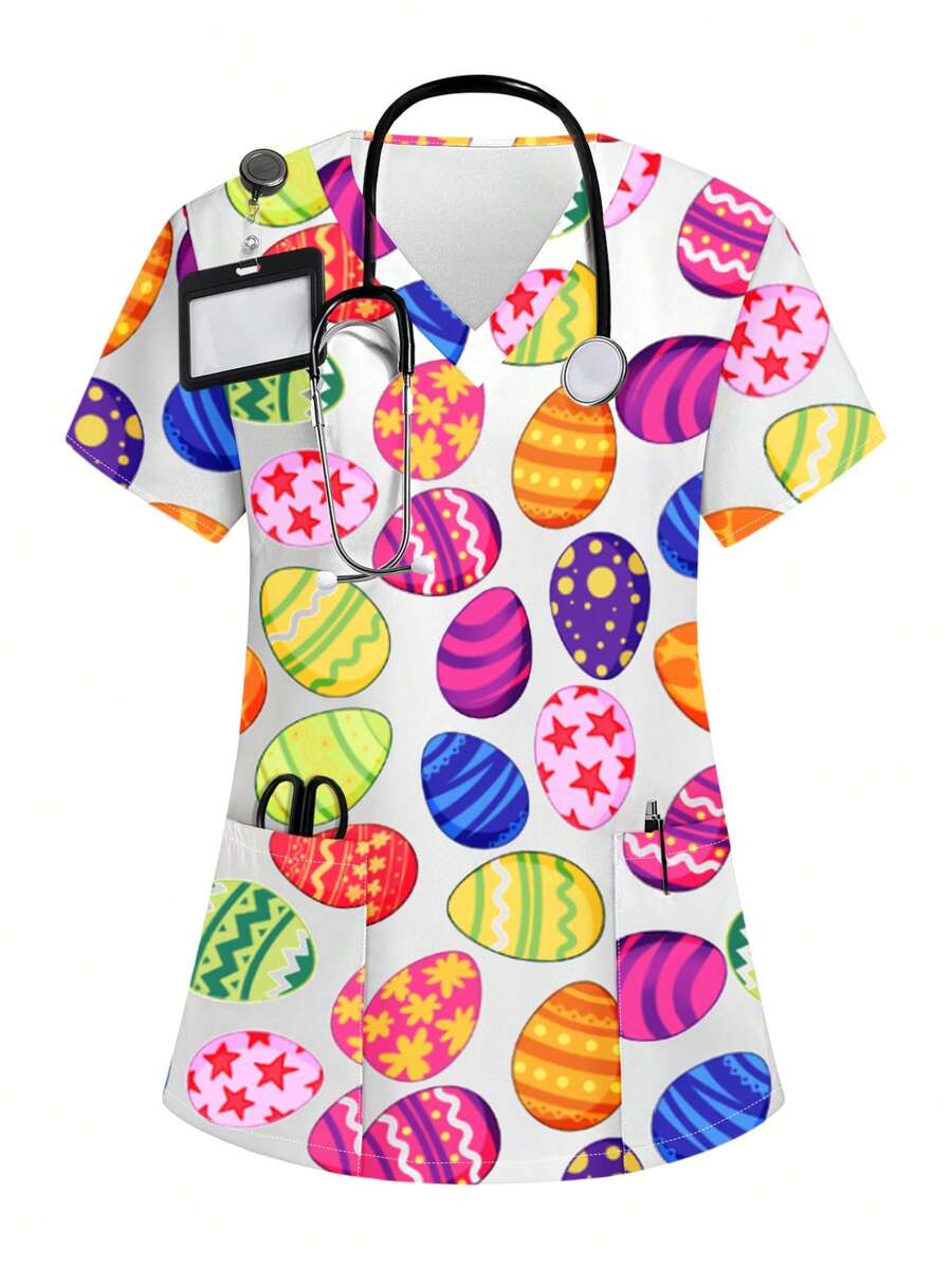 PopScrub V-Neck Easter Egg Print Short Sleeve Scrub Top