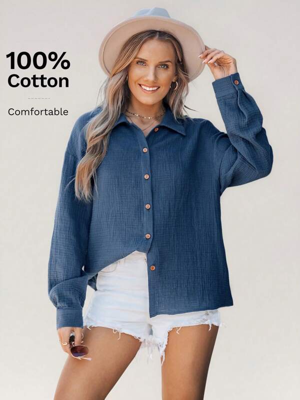 SHEIN LUNE Camisa azul casual de mujer con cuello abierto y holgada, camisa de manga larga, estilo rural, para salir