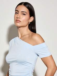 AiiRZ Off Shoulder Ruched T-Shirt Fitted Short Sleeve Summer Spring Top Casual Classic Essential Basic Minimalist - Baby Blue - View 6