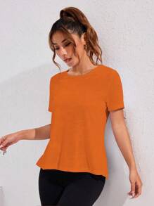 Core Rhythm Camo Contrast Mesh Patchwork Short Sleeve Sports Top, Spring/Summer Gym Women Shirts - Orange - View 5