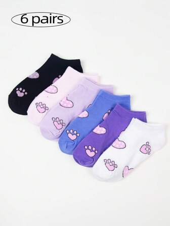 Kawaii 6 paires Chaussettes courtes confortables pour femmes avec motif cœur