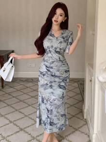 DAZY 女款淺藍色花卉夏季優雅約會洋裝，疊層V領短袖百褶貼身連身裙，生日、跨年舞會、開學季陽光裙 - 黃色 - 查看 8