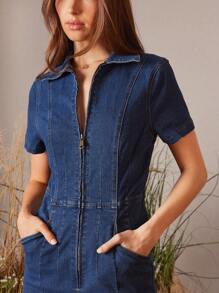 WESTFADE Collared Zip Front Fitted Flare Leg Denim Jumpsuit Western Overall Festival Outfit - Medium Wash - View 4