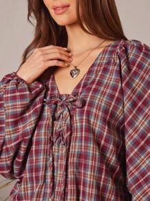 WESTFADE 西部格子 V 领系带蝴蝶结前襟长款泡泡袖上衣 纳什维尔 - 彩色 - 查看 2