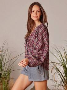 WESTFADE 西部格子 V 领系带蝴蝶结前襟长款泡泡袖上衣 纳什维尔 - 彩色 - 查看 4