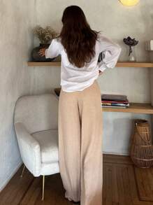 Cloudara WOMEN WIDE LEG HIGH WAIST PANTS WITH BELTED - Beige - View 3