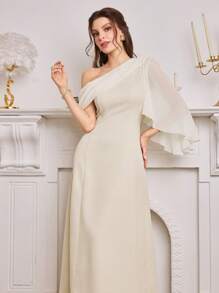 Modelyn Elegant Women's Banquet Apricot Skew-Shoulder Chiffon Lotus Sleeve Dress,Autumn Wedding Guest Dining Festival Clothes,Old Money Modest Summer Gown - Apricot - View 3