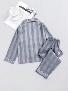 Young Boy Striped Long Sleeve Top & Long Pants Home Outfit Set, All Season Pajama Set Pjs Set Tween Girl Clothes Tween Girl Pajamas Satin - Grey - View 2