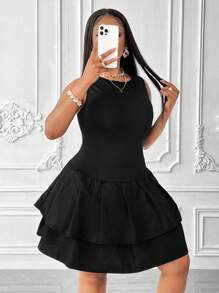 Maweii 大码女式纯色圆领无袖荷叶边下摆时尚连衣裙