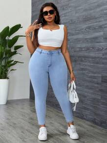 Slaydiva Plus Size Washed High Waist Slim-Fit Jeans - Baby Blue - View 5