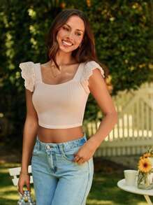 SHEIN VCAY Sping Eyelet Embroidery Ruffle Trim Bodycon Crop Tee