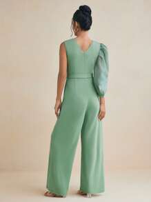 ODELIAR Designer Women Green Deep V Wide-Leg Organza Puffy Sleeve Elegant Spring Summer Jumpsuit Vacation Outfits, Spring Break, Ibiza Fits - Green - View 2