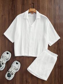 Forever 21 Herren Einfarbiges Kurzarm Hemd und Shorts Set - Weiss - Übersicht 3
