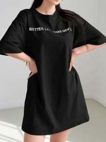 DAZY 标语图案落肩 T 恤连衣裙小码连衣裙太阳裙，休闲女装