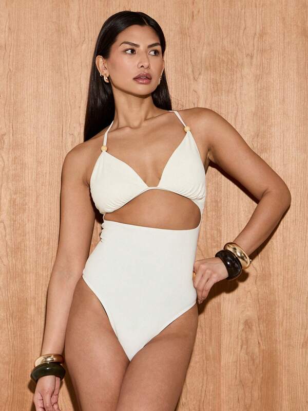 AiiRZ Cut Out Monokini One Piece Swimsuit Beach Vacation Resort Wear Beaded Details High Rise Summer Pool Party Bathing Suit Halter Neck Design