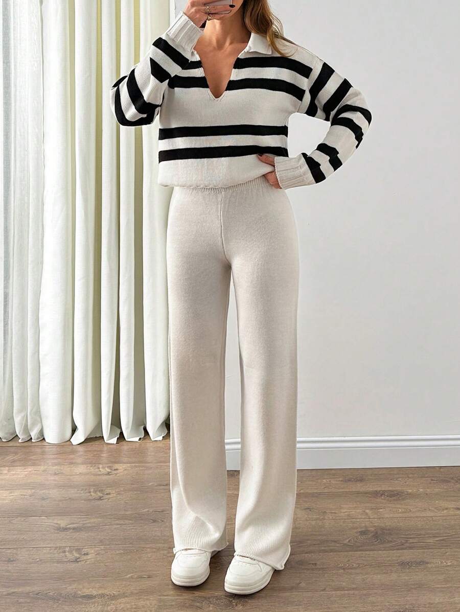 EURMUSE 女士条纹针织毛衣和罗纹慢跑裤套装 - 黑白上衣搭配奶油色裤子，非常适合秋冬季节。 - 米色 - 查看 1