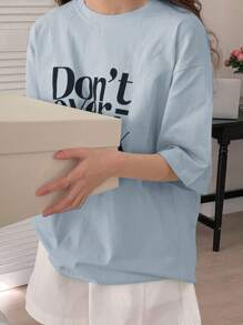 DAZY 字母图案落肩T恤 Don't Over Think 超大T恤 - 霧霾藍 - 查看 4