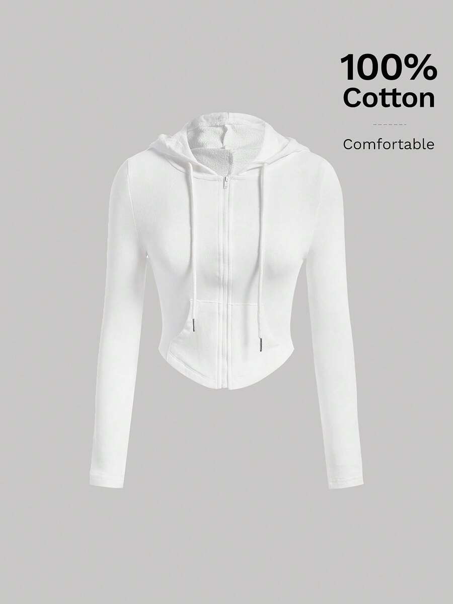 SHEIN MOD Solid Zip Up Drawstring Hoodie - White - View 1