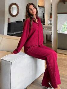 Cloudara Naturally Crinkle Fabric Long Sleeve Shirt & High Elastic Waist Straight Fit Pant Casual Outfit