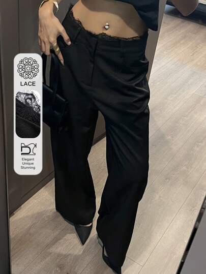 DAZY Pantaloni eleganti a gamba dritta in stile coreano casual in pizzo, di colore unito, per la primavera