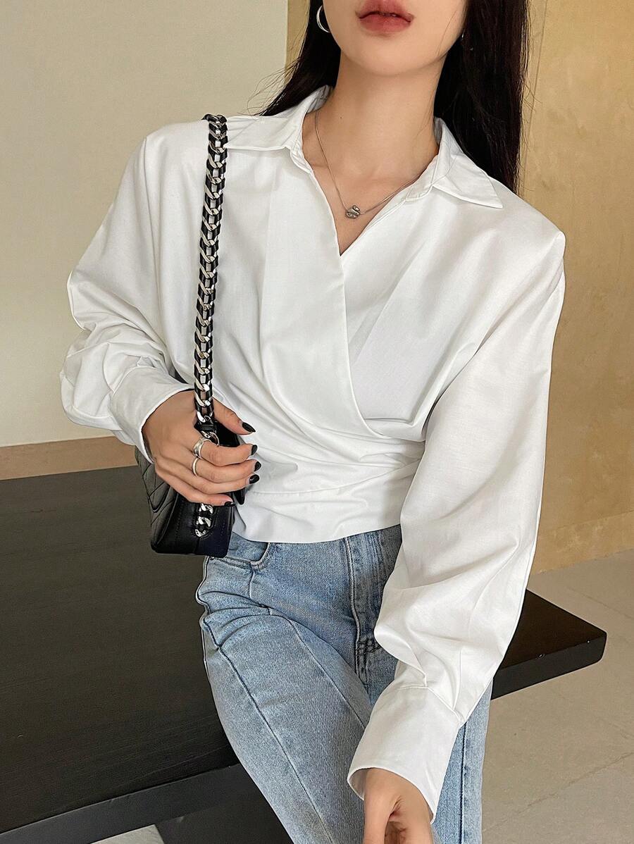 DAZY Solid Color Asymmetrical Collar Long Sleeve Blouse For Women,Fall Clothes - White - View 1