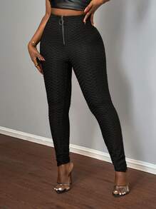 Slaydiva Women's Casual Elegant Black Circular Zipper Waistband Stretch Fabric Pants, Autumn/Winter