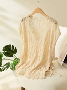 SHEIN Frenchy Plus Size Casual Vacation Hollow-Out Knitted Sleeveless Pullover Sweater Fall/Winter - Apricot - View 3