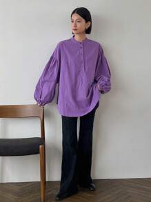 FRIFUL Women's Fashionable Loose Fit Solid Color Stand Collar Shirt, All Match,Fall Clothes - Purple - View 4