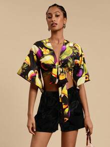 Travachic 女式编织印花短袖短款衬衫 - 黑色 - 查看 2