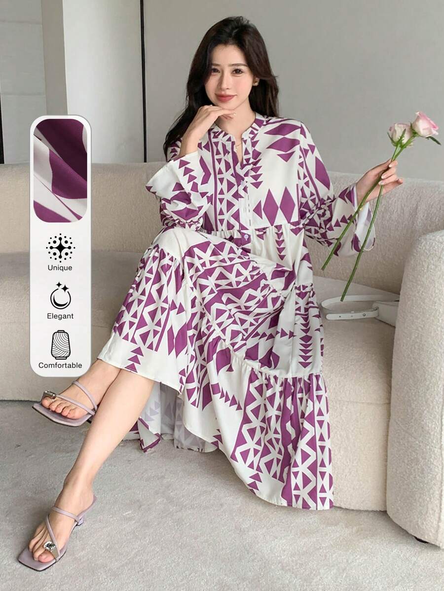 DAZY Rochie tip cămașă cu imprimeu lejer și mânecă trei sferturi, cu volane, rochie de toamnă, rochie maxi cu mânecă lungă - Violet - Vizualizare 1