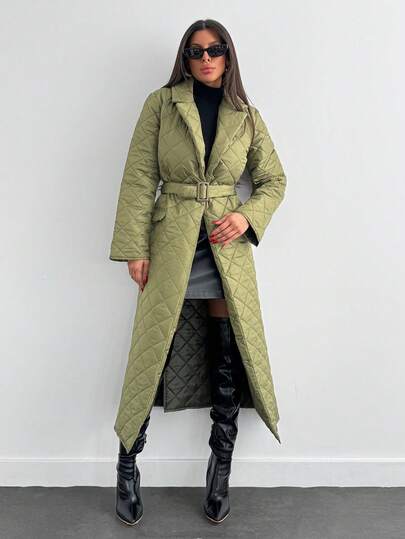 RueChic Women Plus Size Quilted Detail Collar Decorated Pocket Long Winter Coat