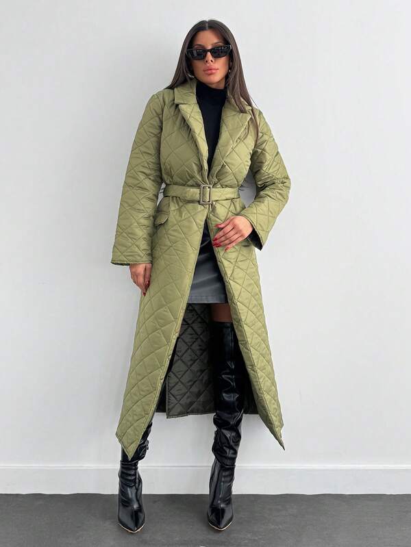 RueChic Women Plus Size Quilted Detail Collar Decorated Pocket Long Winter Coat