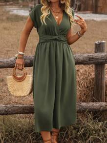 Ceyna Plus Size Women's French Style Commuter Casual Holiday Solid Color Cross Shirred Waist Tie Back Drawstring Loose Sleeve Midi Dress, Spring/Summer - Army Green - View 6