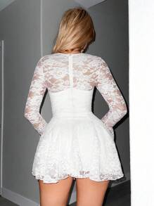 Sweetina Fitted Style Lace See-Through Panel Cup Underwire Ruched A-Line Mini Dress - White - View 2