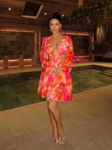 SHEIN SXY 女士花卉满印花镂空灯笼袖连衣裙 - 彩色 - 查看 5