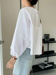 DAZY Solid Lantern Sleeve Keyhole Back Blouse,Ruffle,Fall Clothes Long Sleeve Top - White - View 4