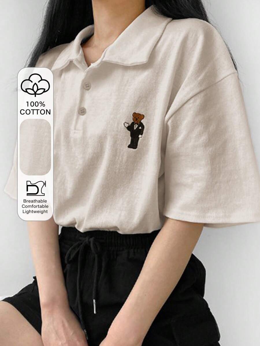 DAZY 女式宽松 Polo 领 T 恤，配熊图案，夏季