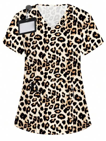 PopScrub Leopard Print V-Neck Short Sleeve Scrub Uniform Top