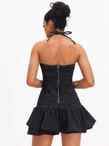 SHEIN ICON 街头风格花卉印花细肩带褶皱女式牛仔迷你连衣裙 - 黑色 - 查看 2