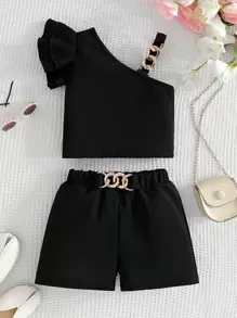 2pcs Set Young Girls Black Fashion Spaghetti Strap Top With Gold Decor Elastic Waist Loose Shorts For Daily,Party,Birthday,Summer Holiday - Black - View 1