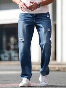 Manfinity Homme Men's Casual Relaxed Fit Straight Leg Ripped Jeans With Pockets - Blue - View 6